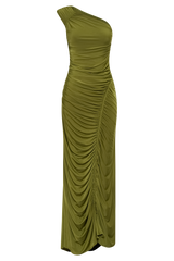 Capri Gathered Slinky Maxi Dress - Vintage Olive